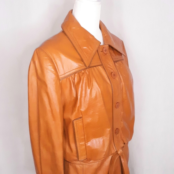 VINTAGE 1970s Women's Long Leather Tie Waist Dress Coat Tan Camel Sz. M - Picture 6 of 15